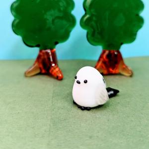 ガラス細工 シマエナガ親子（グレー）ミニチュア 雑貨 置物 小物 鳥