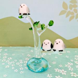 ガラス細工 花シマエナガ（M) 青 ミニチュア 雑貨 置物 小物 鳥 北海道