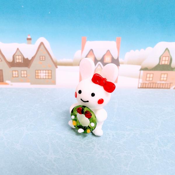 ガラス細工　ウサギ（リボン）とリース　ミニチュア　雑貨　置物　小物　兎　クリスマス