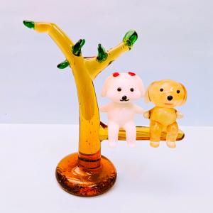 ガラス細工 マルチーズ/ダックスペアと木 ミニ...の詳細画像1