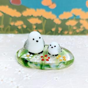 ガラス細工 シマエナガとラベンダー台（S) ミニチュア 雑貨 置物 小物