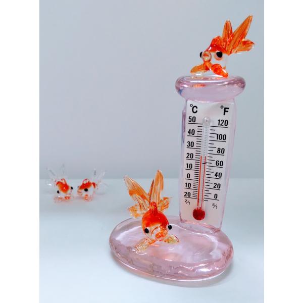 ガラス細工　温度計（S) 金魚赤　ピンク　ミニチュア　置物　雑貨　夏　きんぎょ　魚
