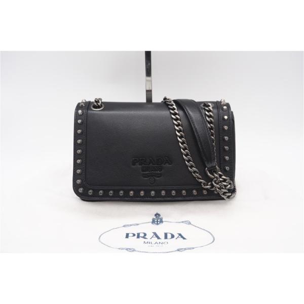 ★3日以内返品可★ 美品 PRADA プラダ レザー ロゴ スタッズ チェーンショルダー 1BD14...