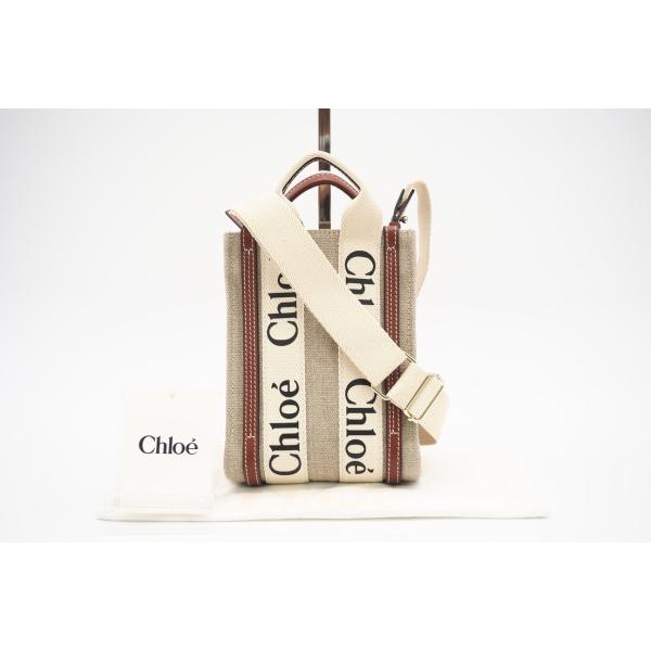 ★3日以内返品可★ 美品 Chloe クロエ ウッディ リネン製 ノースサウス キャンバス レザー ...
