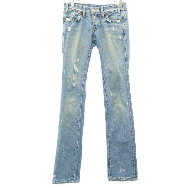 トゥルーレリジョン ストレート デニムパンツ w24 ブルー TRUE RELIGION ダメージ加...