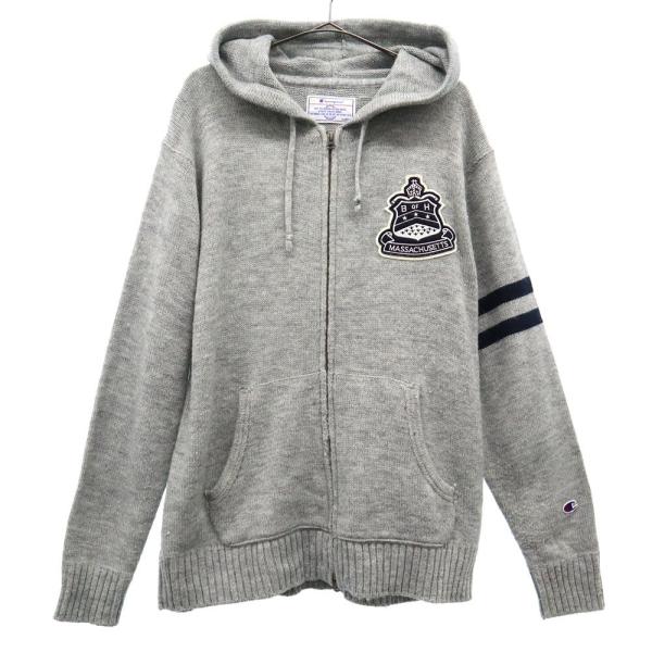 チャンピオン ワッペン 長袖 ニット ジップパーカー LARGE グレー champion メンズ ...