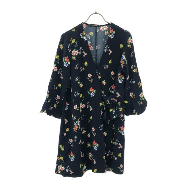 ZARA BASIC ザラベーシック 花柄 長袖 Vネック 膝丈ワンピース S ネイビー系 ウエスト...