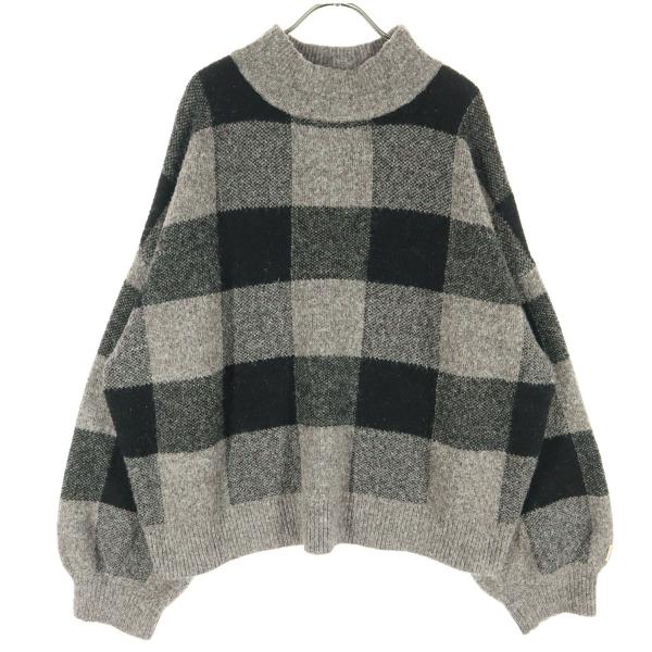 JaVa ジャバ チェック柄 長袖 ハイネック ニット XL グレー系 レディース 古着 中古