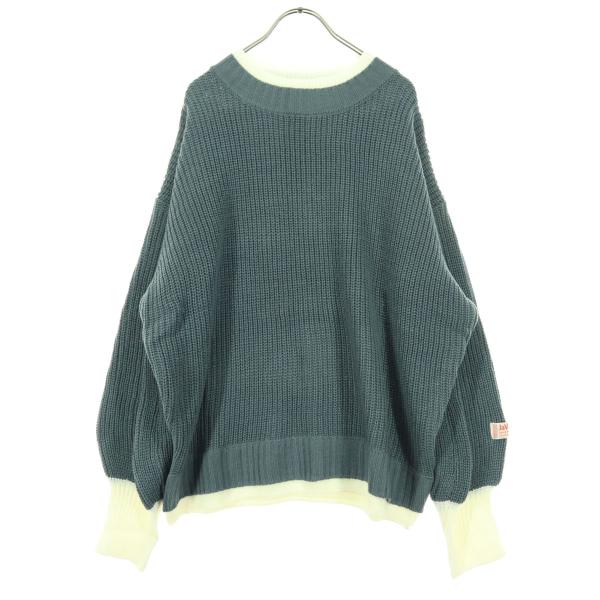 美品 JaVa ジャバ バイカラー ワンポイントロゴ 長袖 ニット M グリーン系 メンズ 古着 中...