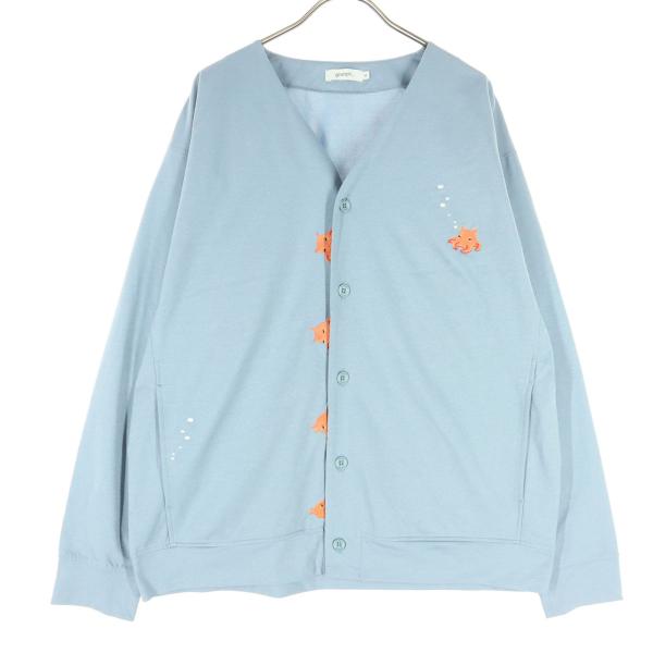 美品 graniph グラニフ 刺繍 長袖 Vネック カーディガン M ブルー メンズ 古着 中古
