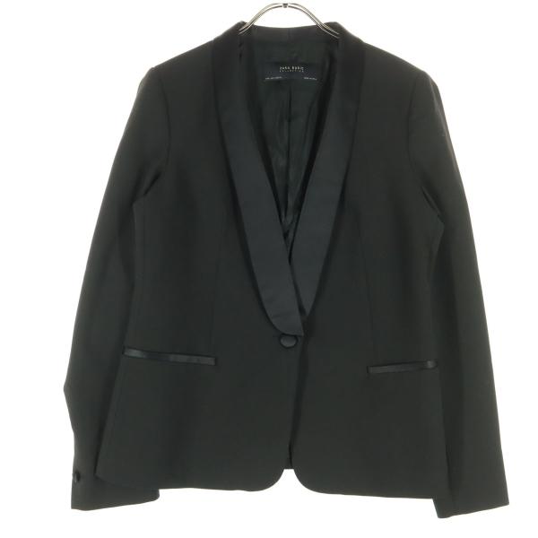 美品 ZARA BASIC ザラベーシック 裏地有 サテンラペル ジャケット L ブラック レディー...
