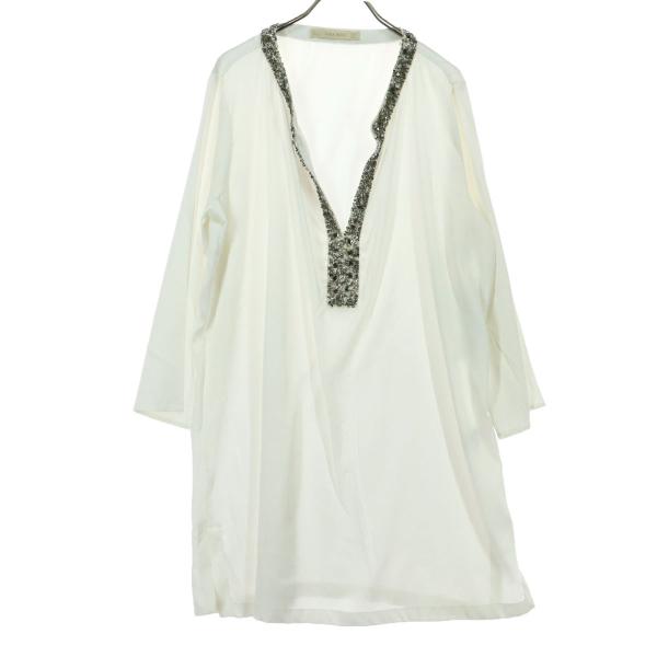 ZARA BASIC ザラベーシック 長袖 ビジュー Vネック ブラウス L アイボリー レディース...