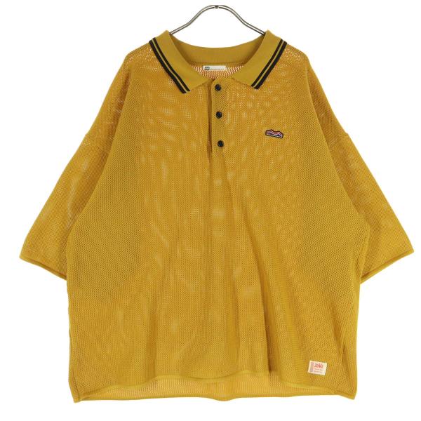 美品 JaVa ジャバ ワッペン 半袖 ニット ポロシャツ L マスタード系 メンズ 古着 中古