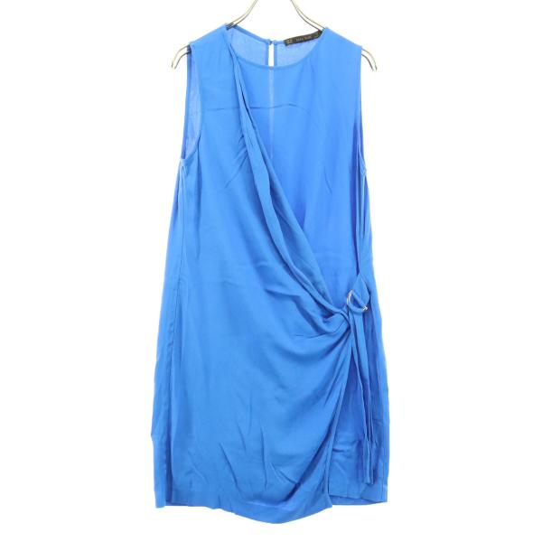 美品 ZARA BASIC ザラベーシック モロッコ製 ノースリーブ 膝丈ワンピース XS ブルー ...