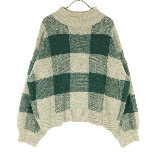 JaVa ジャバ チェック柄 長袖 ニット L グリーン系 レディース 古着 中古