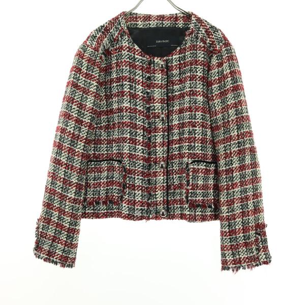 ZARA BASIC ザラベーシック チェック柄 長袖 ノーカラー ツイードジャケット XL ブラッ...
