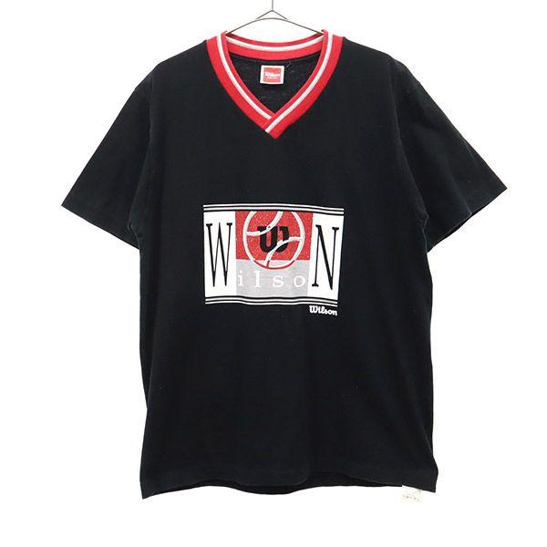 wilson ウィルソン プリント 半袖 Vネック Tシャツ L ブラック メンズ 古着 中古