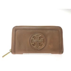 TORY BURCH トリーバーチ レディース 長財布 ラウンドファスナー ラムレザー 大きめエンブレム ブラウン やや傷や汚れあり