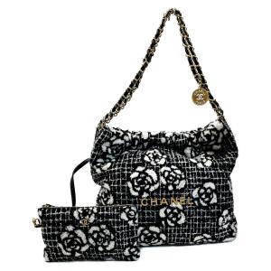 CHANEL シャネル シャネル22 ブラック×ホワイト チェーントートバッグ ツイード レディース ゴールド金具 やや傷や汚れあり