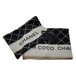 CHANEL シャネル ココマーク トラベルセット ブランケット アイマスク ブラック×グレー ウール/シルク やや傷や汚れあり