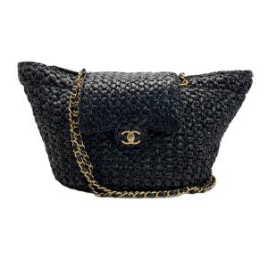 CHANEL シャネル トートバッグ ラフィア ツイード＆ゴールドトーンメタル T65G359G ブラック 編み込み レディース やや傷や汚れあり