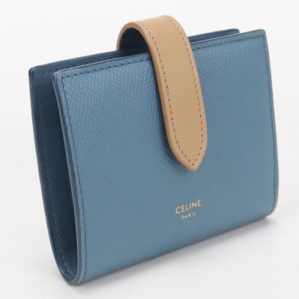 中古良品 CELINE セリーヌ 二つ折り財布 スモール ストラップウォレット レディース ブルー
