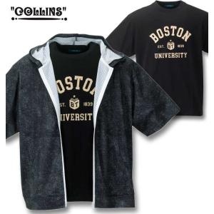 大きいサイズ メンズ COLLINS メッシュ デニム風プリント 半袖フルジップパーカー+半袖Tシャツ 3L 4L 5L 6L 8L