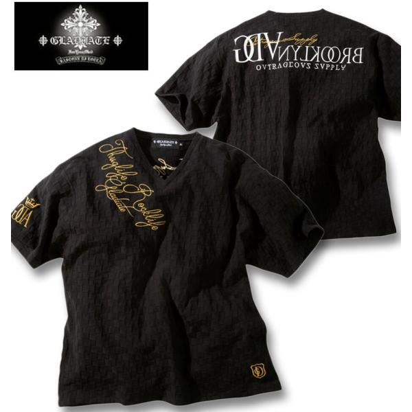 大きいサイズ メンズ GLADIATE ブロックジャガード ALL刺繍 半袖 Vネック Tシャツ 3...