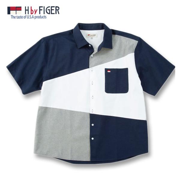大きいサイズ メンズ H by FIGER CVC オックス 斜め切替 半袖シャツ 3L 4L 5L...