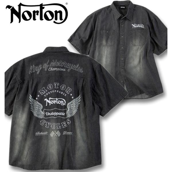 大きいサイズ メンズ Norton デニム 半袖 シャツ 刺繍 プリント 3L 4L 5L 6L 8...
