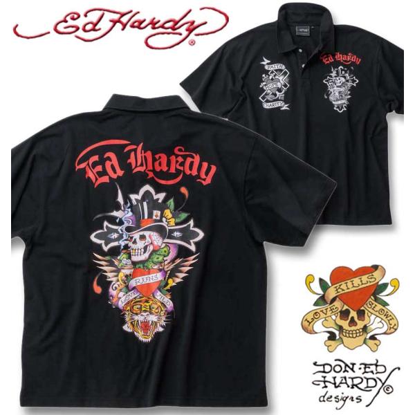 大きいサイズ メンズ Ed Hardy 鹿の子 プリント 半袖 ポロシャツ 3L 4L 5L 6L ...