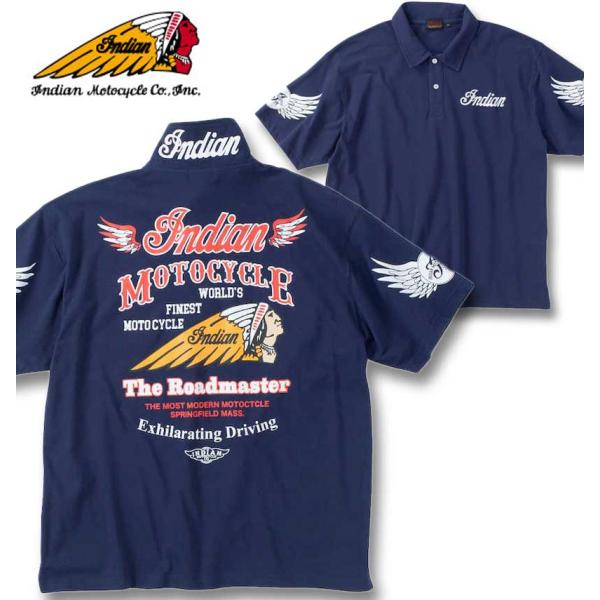 大きいサイズ メンズ INDIAN MOTOCYCLE 鹿の子 プリント&amp;刺繍 半袖 ポロシャツ 3...