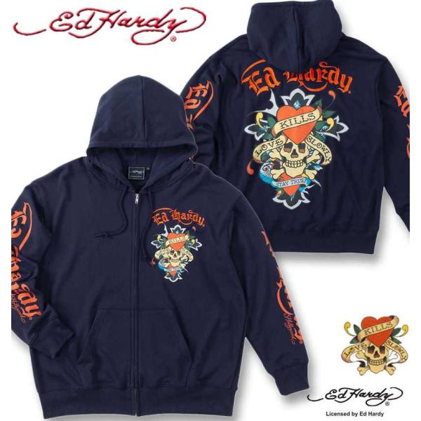 大きいサイズ メンズ Ed Hardy 裏毛 刺繍&amp;プリント フルジップ パーカー 3L 4L 5L...
