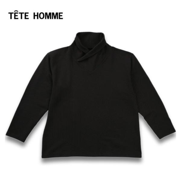 大きいサイズ メンズ TETE HOMME バイアスパネル柄 ボリュームネック 長袖 Tシャツ 3L...