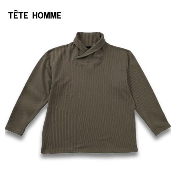 大きいサイズ メンズ TETE HOMME バイアスパネル柄 ボリュームネック 長袖 Tシャツ 3L...