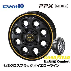 KYOHO PPX MIL:8 ミルエイト 軽自動車 4.5J-14 +45 4H100 セミグロスブラック×イエローライン & グッドイヤー E-Grip コンフォート 155/65R14｜bigrun-ichige-store