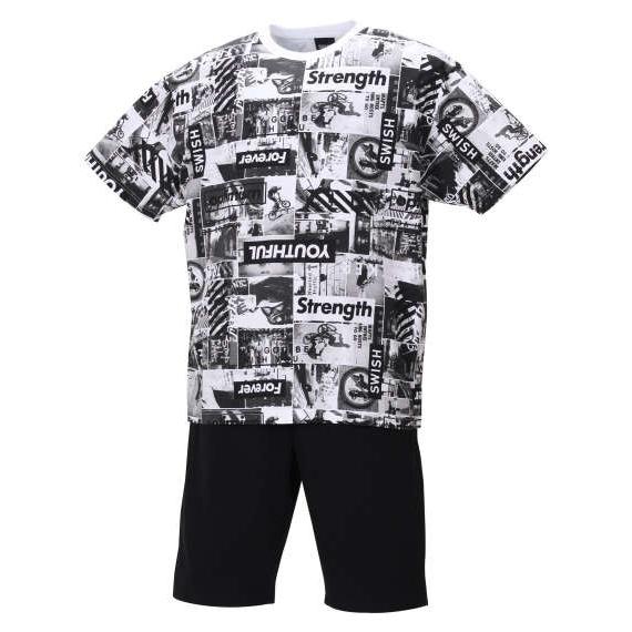 総柄半袖Tシャツ+ミニ裏毛ハーフパンツ 大きいサイズ メンズ SHOCK NINE  ブラック×ブラ...