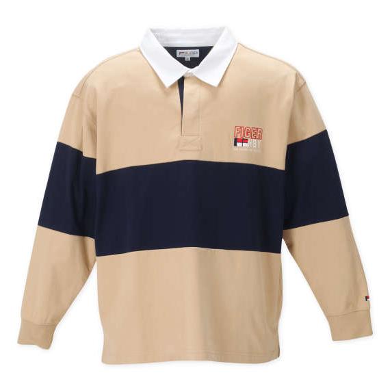 切替長袖ラガーシャツ 大きいサイズ メンズ H by FIGER  ベージュ×ネイビー