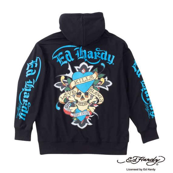 裏毛刺繍&amp;プリントフルジップパーカー 大きいサイズ メンズ Ed Hardy  ブラック