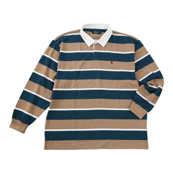 【新作・新着商品！】刺繍ボーダー長袖ラガーシャツ 大きいサイズ メンズ POLO BCS  ベージュ