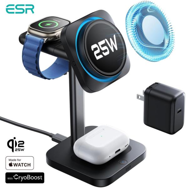 ESR 3in1 充電器 Qi2.2認証25W Magsafe充電器 冷却ワイヤレス充電器 iPho...