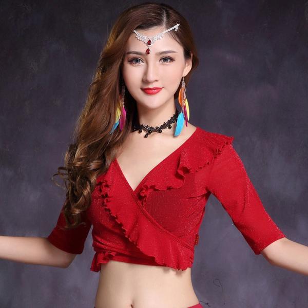 ベリートップス  中袖 ダンス衣装 社交ダンス衣装 ベリーダンス トップス 女性用 練習着ダンスウェ...