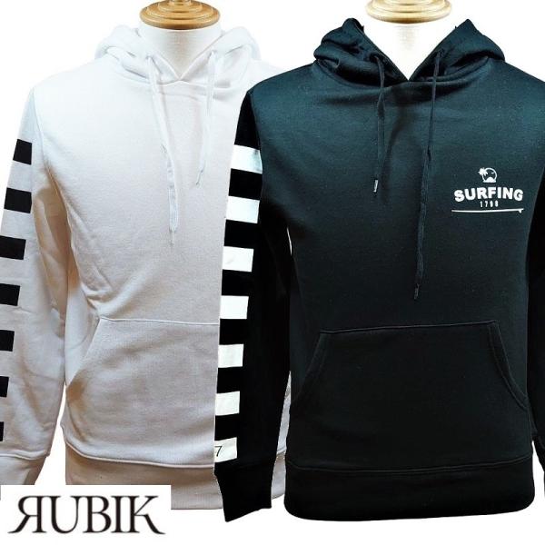 【RUBIK】プリントパーカー/　ホワイト・ブラック　メンズ スウェット プルオーバー トップス　S...