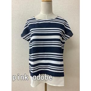 pink adobe ピンクアドベ　白とネイビーボーダートップス 裾シースルー布帛 サイズL
