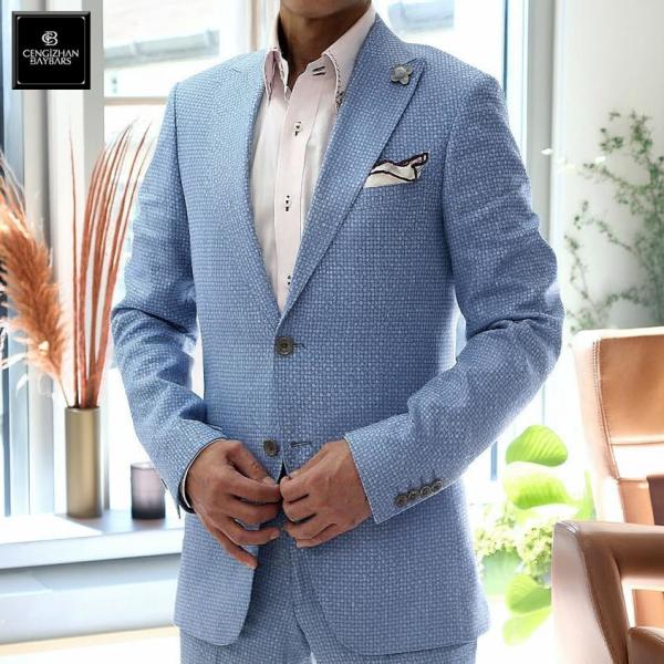 テーラードジャケット 水色/ブルー メンズ ピークドラペル サイドベンツ ビジネスジャケット 春/秋...
