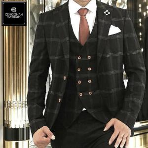 テーラードジャケット ブレザー メンズ チェック ブラウン 茶 ビジネス