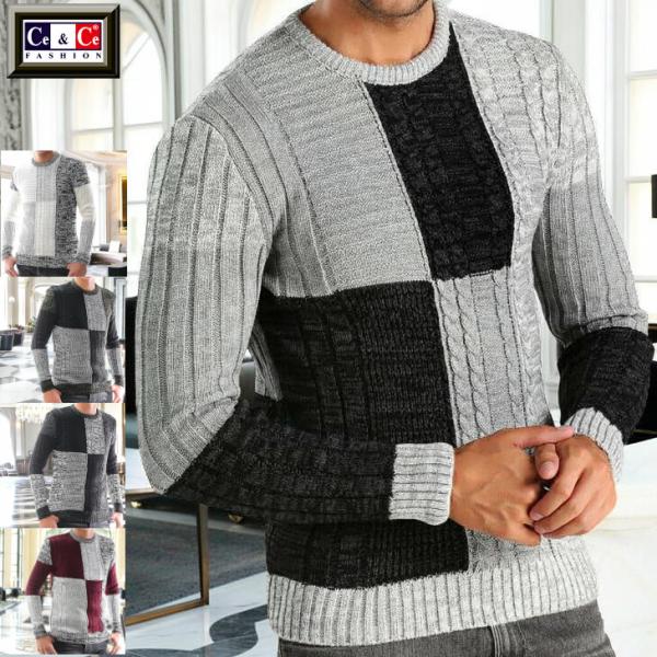 ニット セーター メンズ パッチワーク風デザイン 白グレー　ケーブル編み ボーダー編み　色々