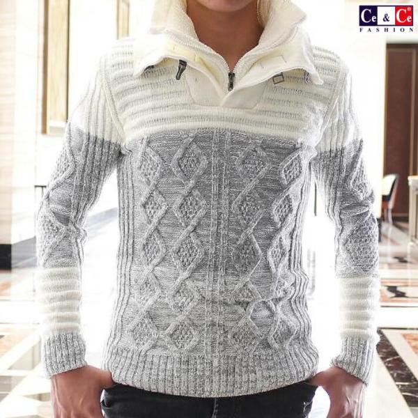 ハイネック モックネック ２枚襟 ローゲージ ニット セーター メンズ 白グレー　ケーブル編み