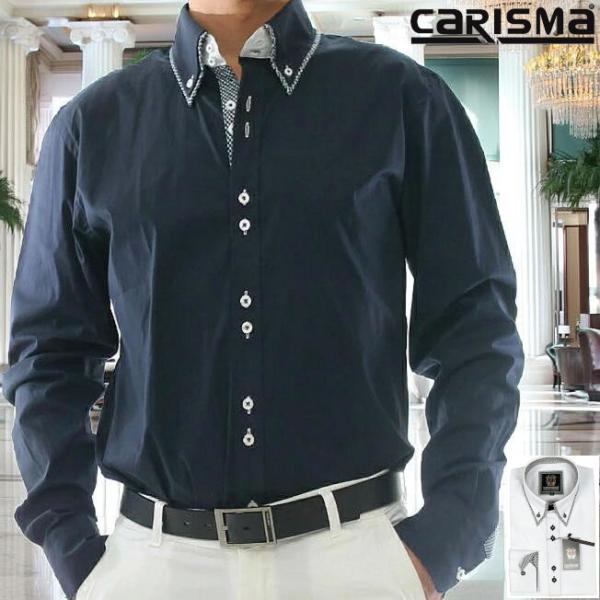 ボタンダウン 長袖シャツ チェック ２枚襟 ストレッチ メンズ 紺/白 Ｍ〜XXL 大きいサイズ き...