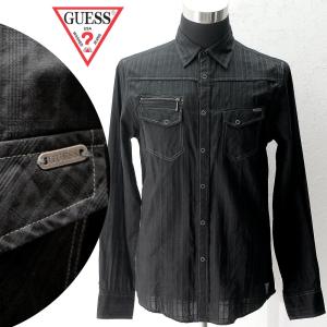 GUESS(ゲス) 長袖シャツ メンズ 黒 シャドーチェック　胸ポケット付/コットン100％｜bin-1